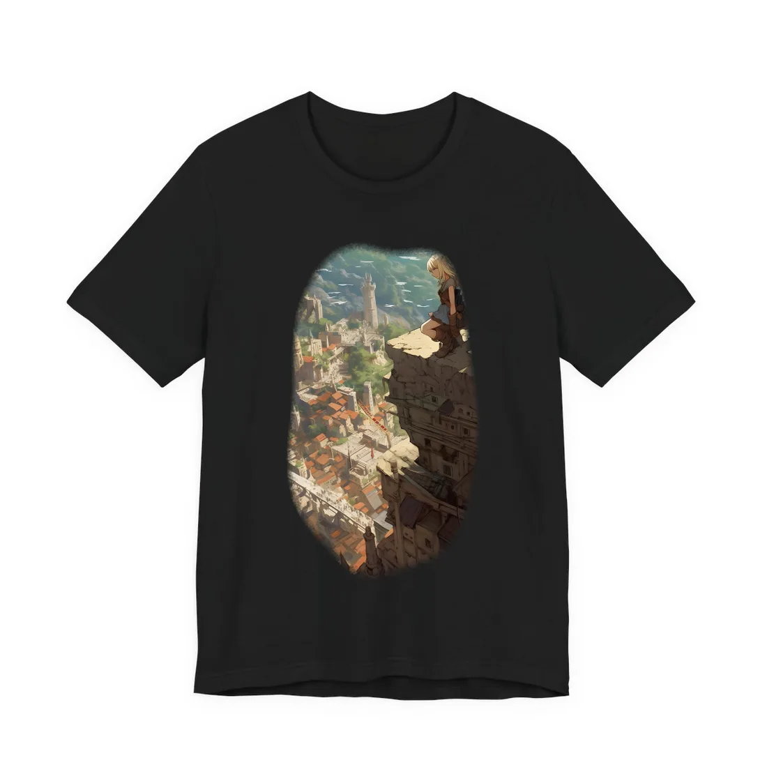 Blond girl sits on a cliff overlooking a sunlit hillside town – T-Shirt, black