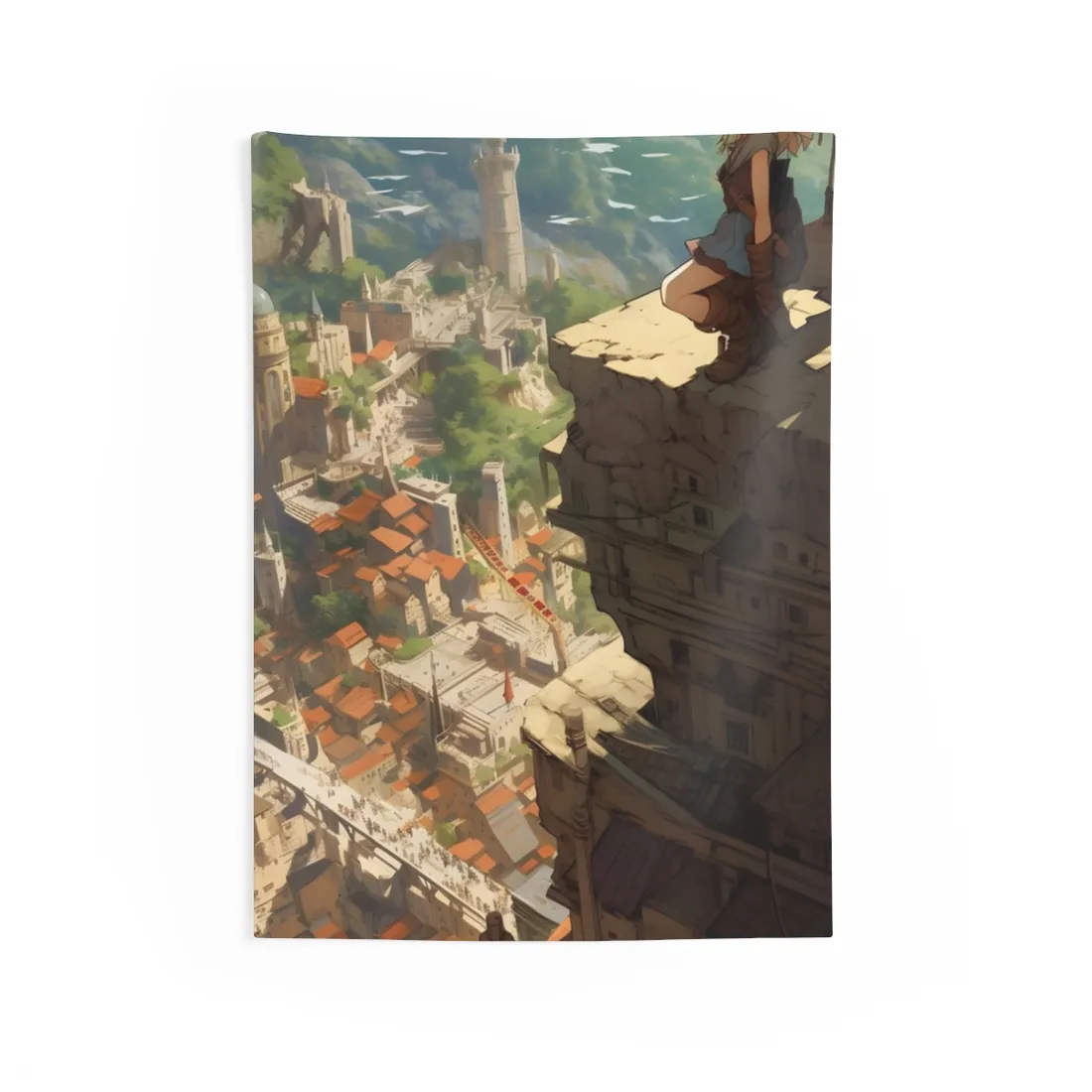 Dramatic Anime Bird's Eye View: Blonde Female in Action with Flying Birds - Wall Tapestry
