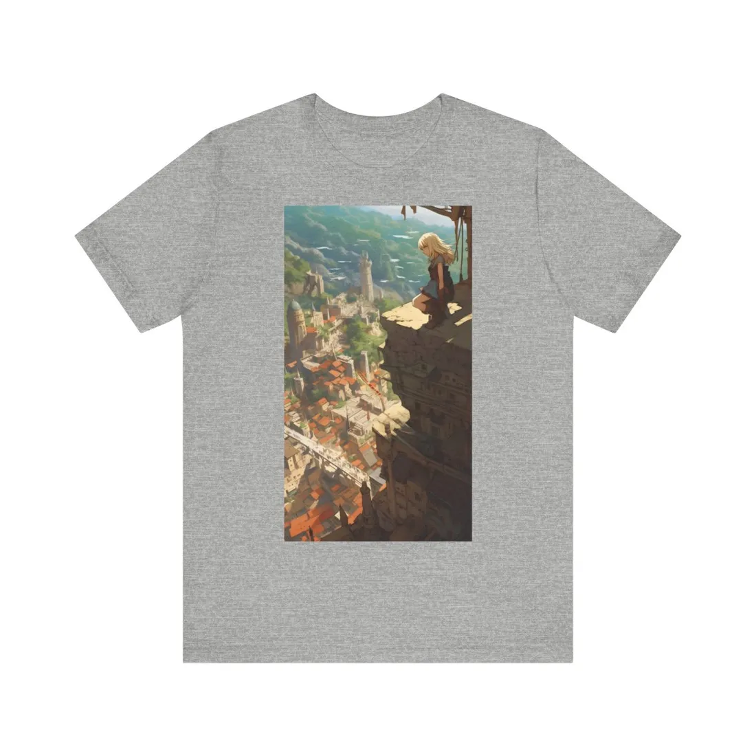 Dramatic Anime Bird's Eye View: Blonde Female in Action with Flying Birds - T-Shirt