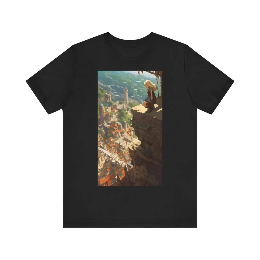 Dramatic Anime Bird's Eye View: Blonde Female in Action with Flying Birds - T-Shirt