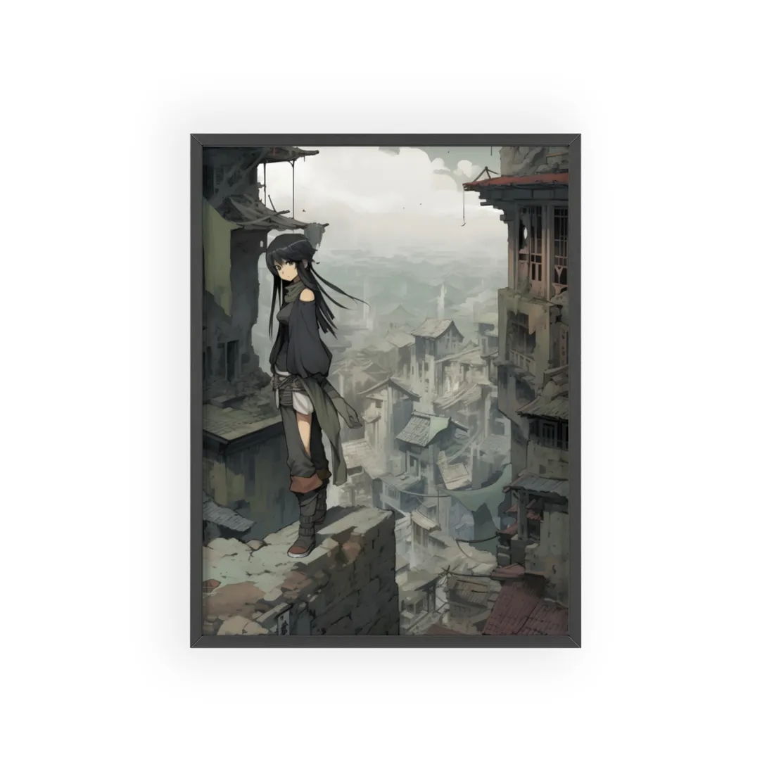 Dramatic Anime Bird's Eye View: Dynamic Digital Art - Framed Poster