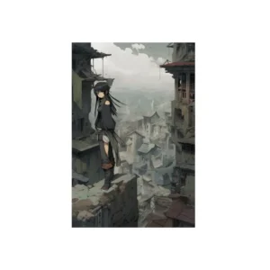 Girl on Ledge Above City Metal Poster