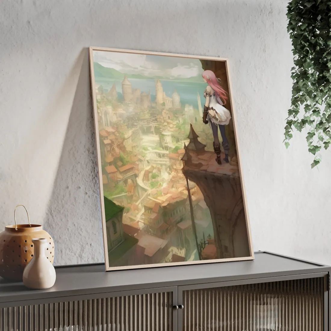 Dramatic Anime Bird's Eye View: Japanese Digital Art - Framed Poster