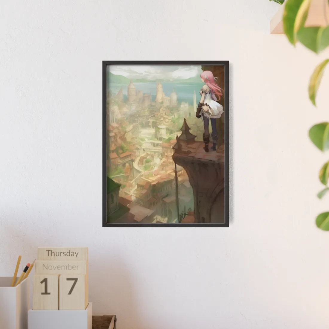 Dramatic Anime Bird's Eye View: Japanese Digital Art - Framed Poster