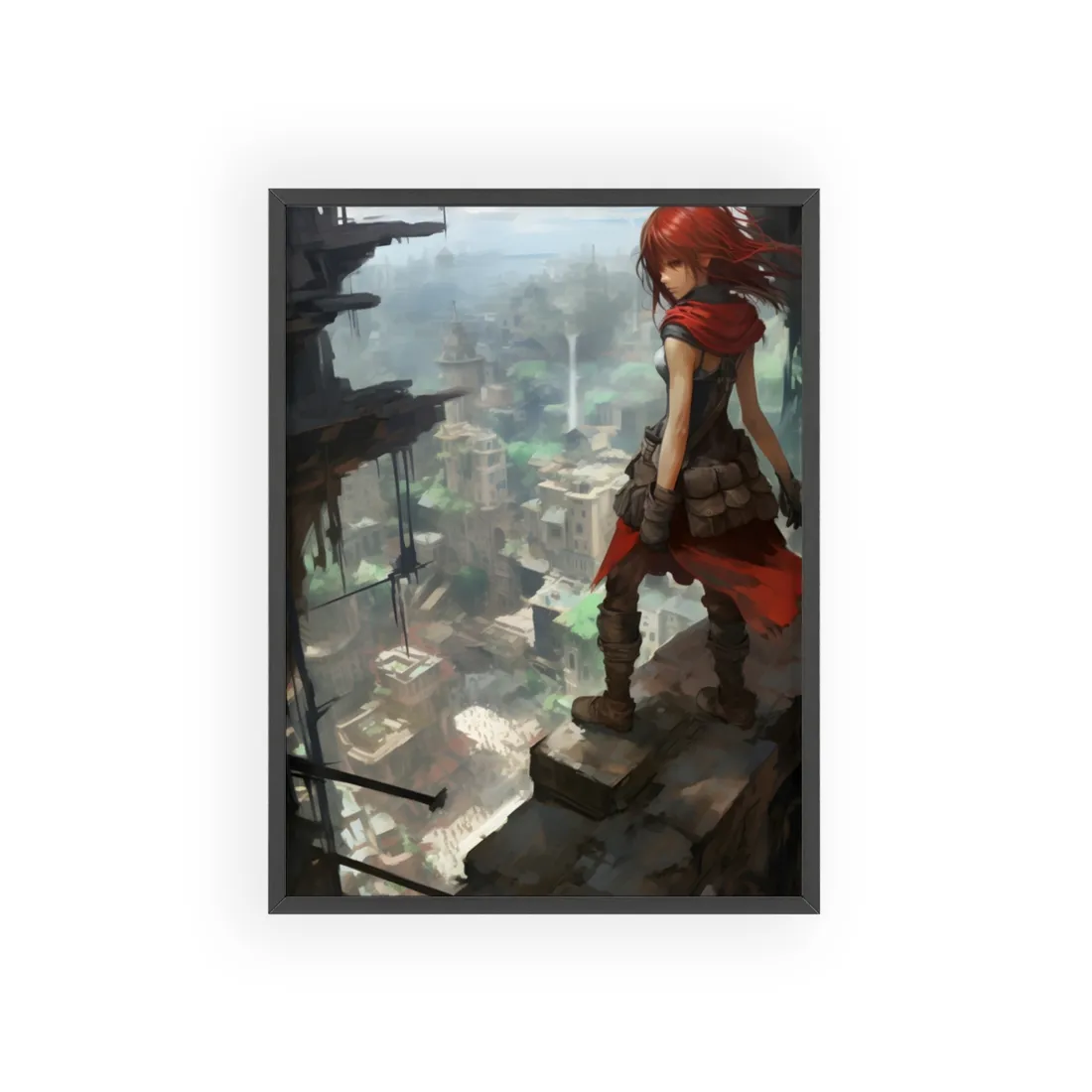Dramatic Anime Bird's Eye View: Red Haired Heroine in Flight - Framed Poster