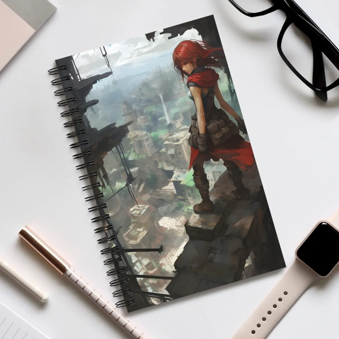 Dramatic Anime Bird's Eye View: Red Haired Heroine in Flight - Spiral Notebook
