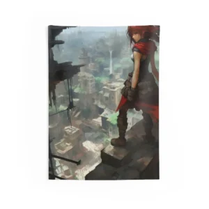 Red-Scarfed Watcher over Ruins Wall Tapestry