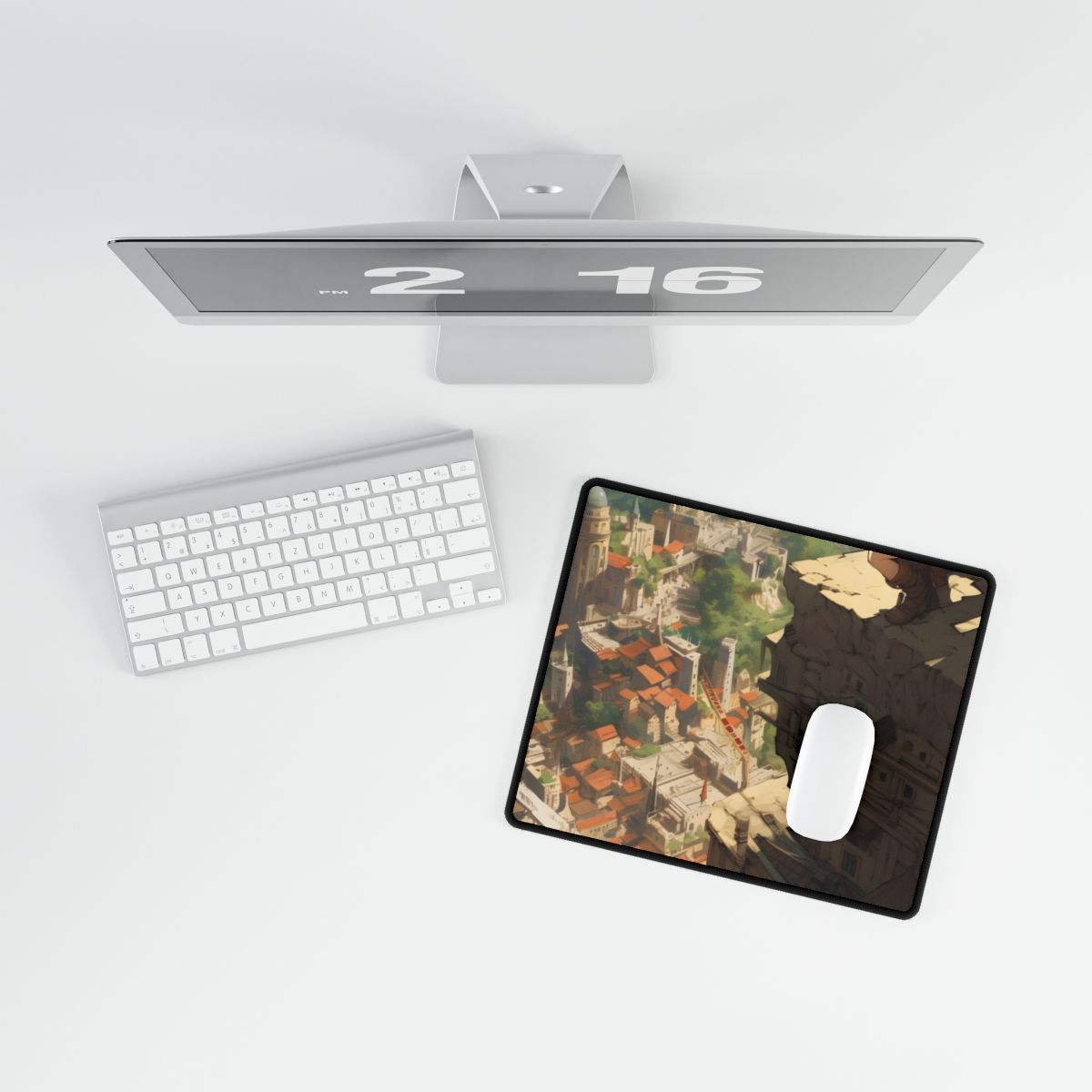 Dramatic Anime Bird's Eye View: Blonde Female in Action with Flying Birds - Desk Mat