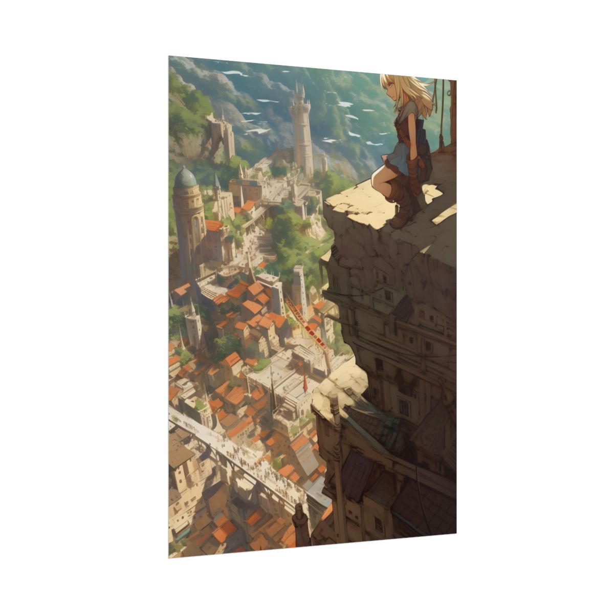 Dramatic Anime Bird's Eye View: Blonde Female in Action with Flying Birds - Poster