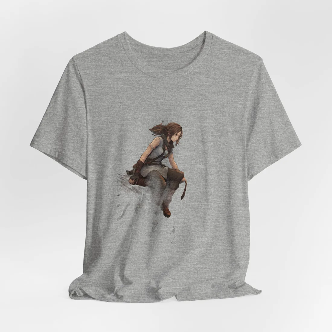 Woman with brown hair sits on a rooftop ledge above a fantasy town – T-Shirt, athletic heather