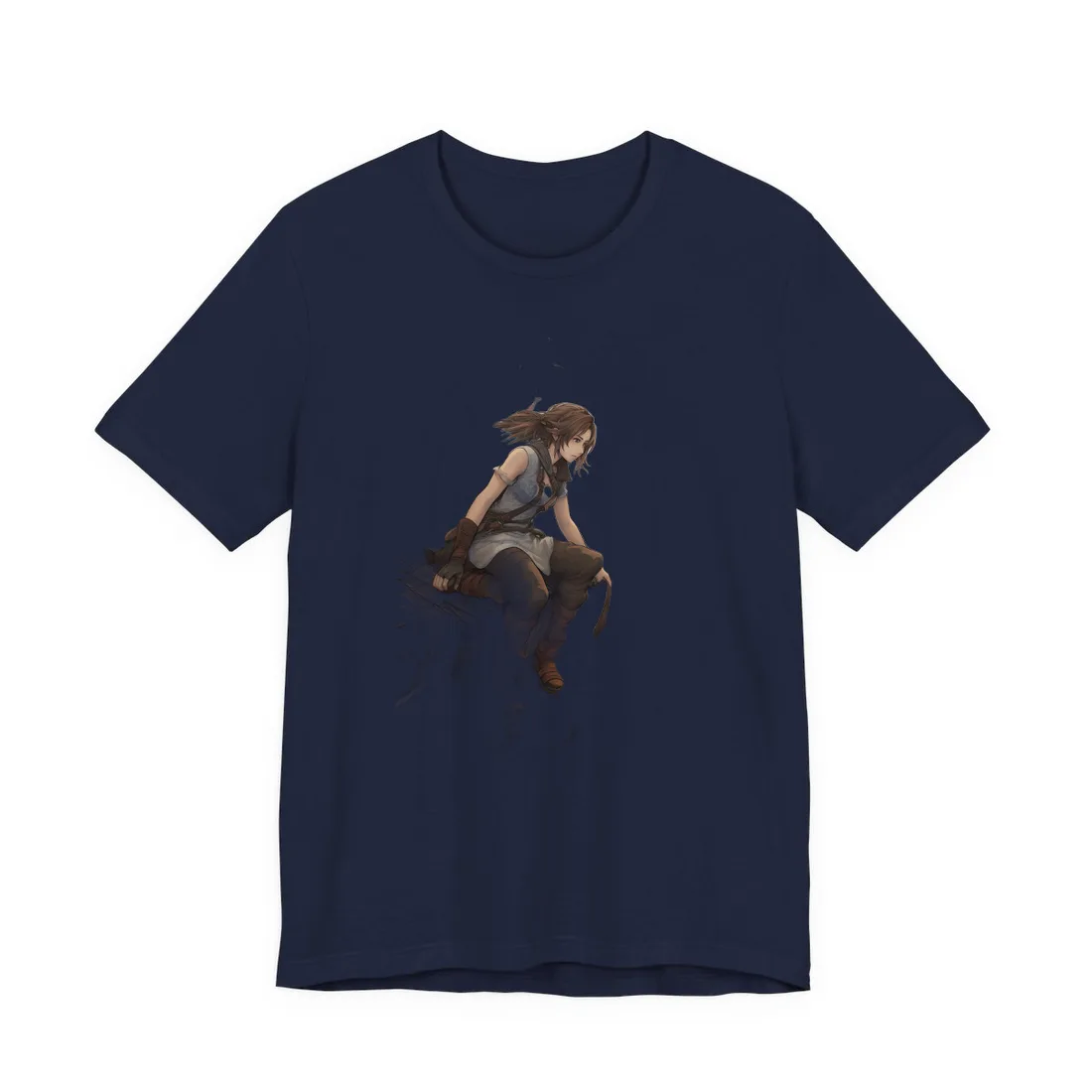 Woman with brown hair sits on a rooftop ledge above a fantasy town – T-Shirt, navy
