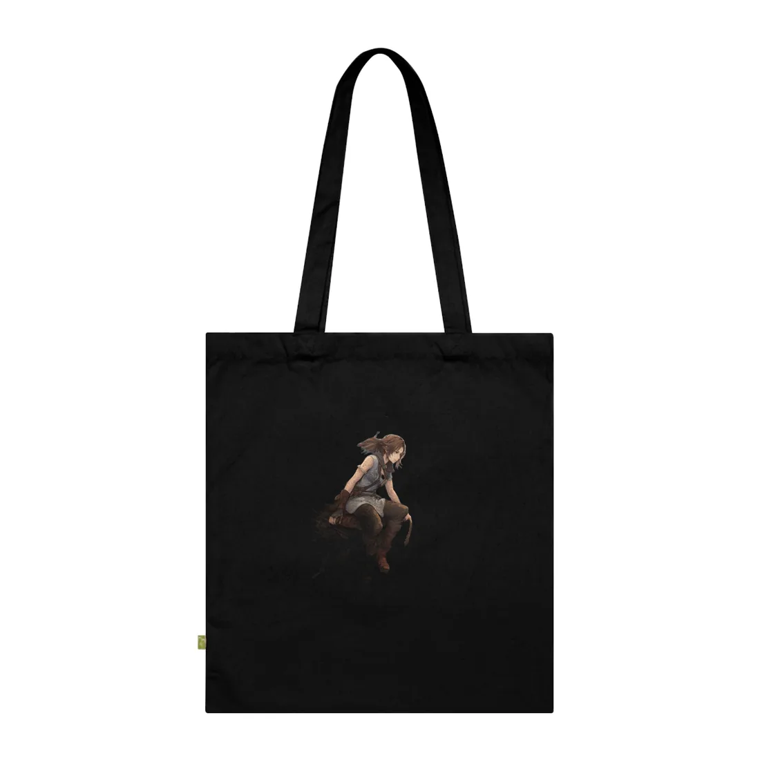 Woman with brown hair sits on a rooftop ledge above a fantasy town – Tote Bag, black
