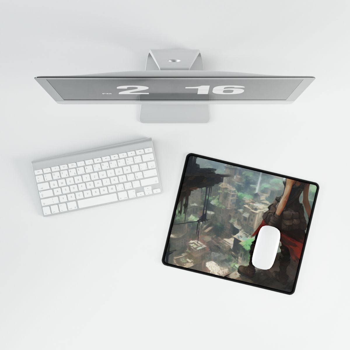 Dramatic Anime Bird's Eye View: Red Haired Heroine in Flight - Desk Mat