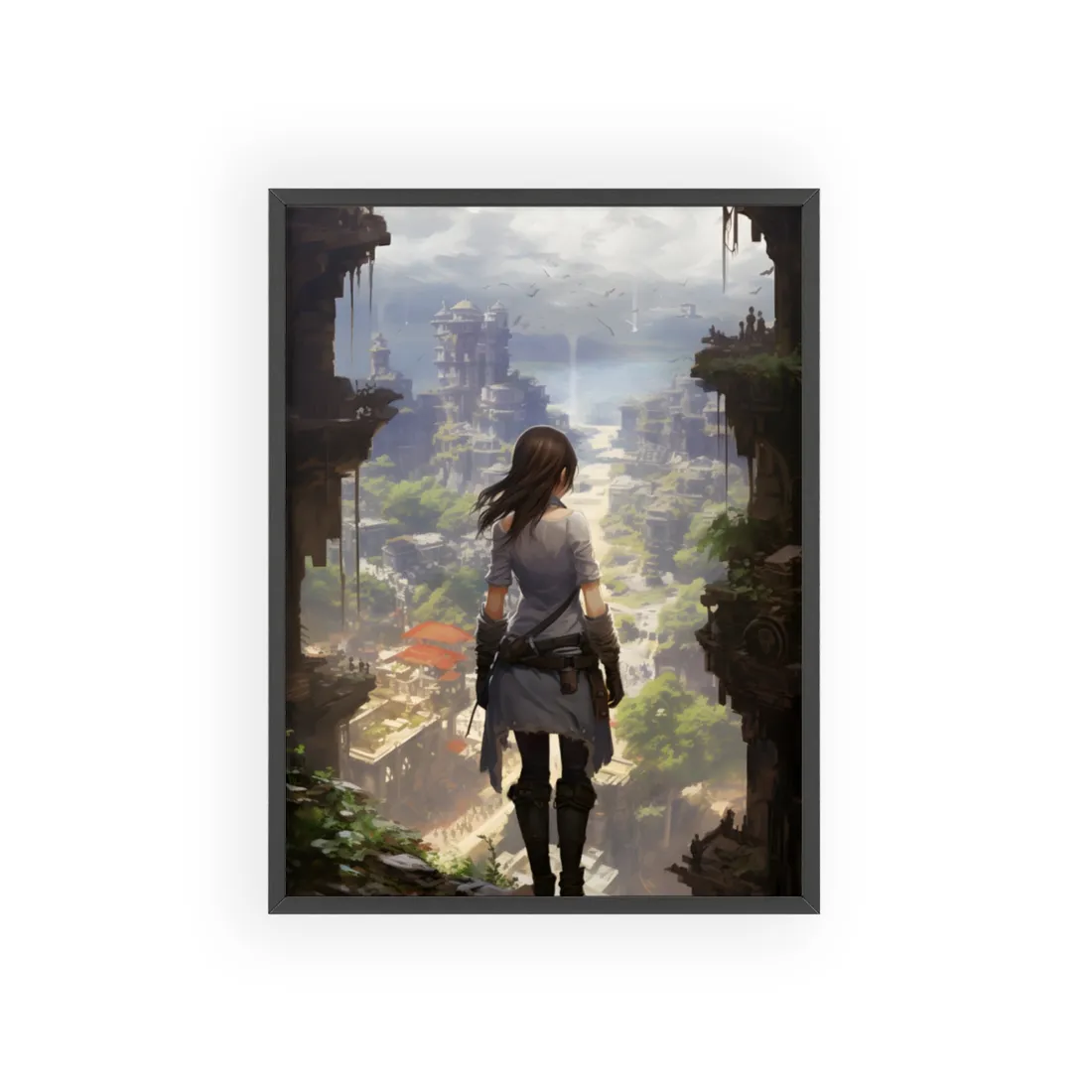 Dramatic Anime City Warrior: Bird's Eye View Digital Art - Framed Poster