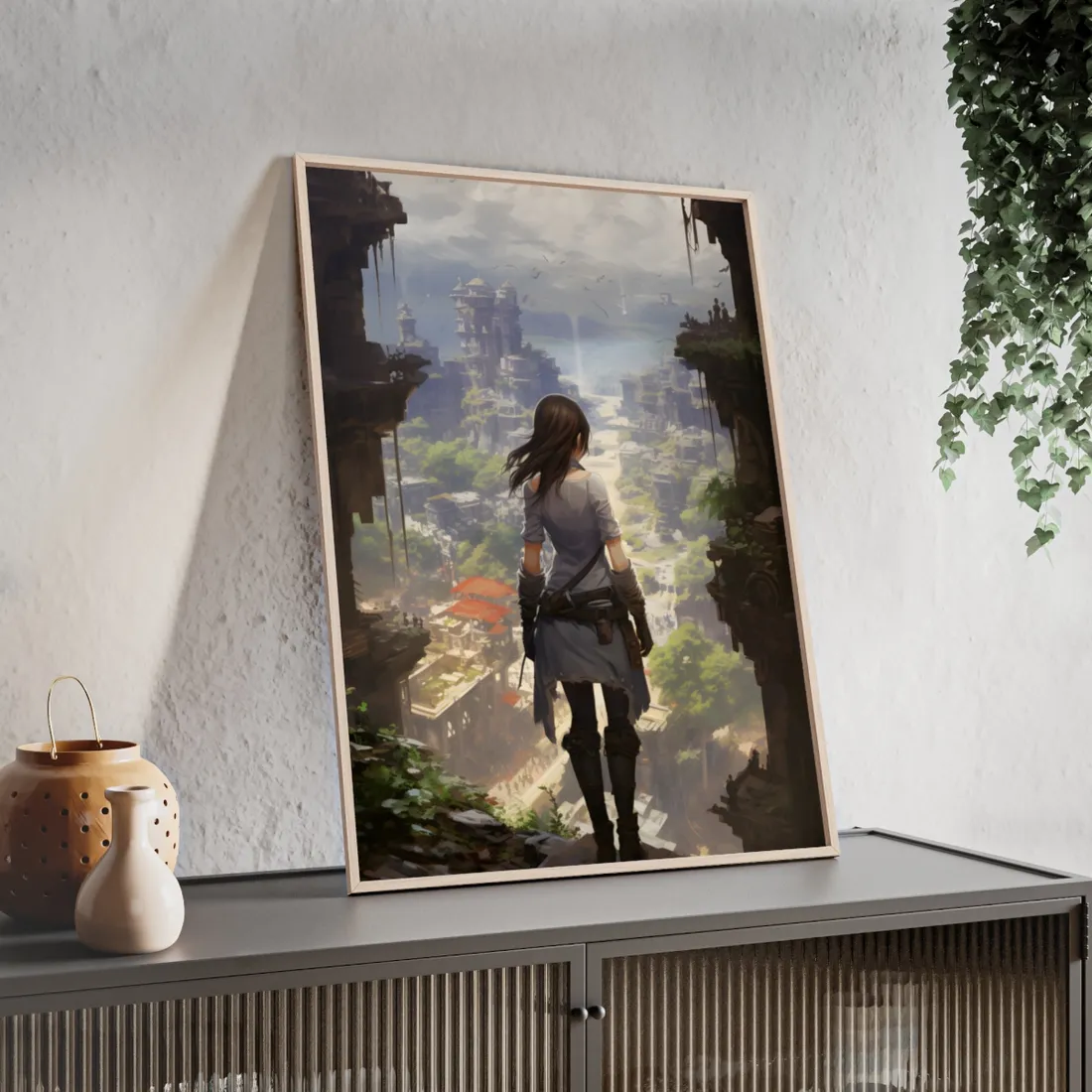 Dramatic Anime City Warrior: Bird's Eye View Digital Art - Framed Poster