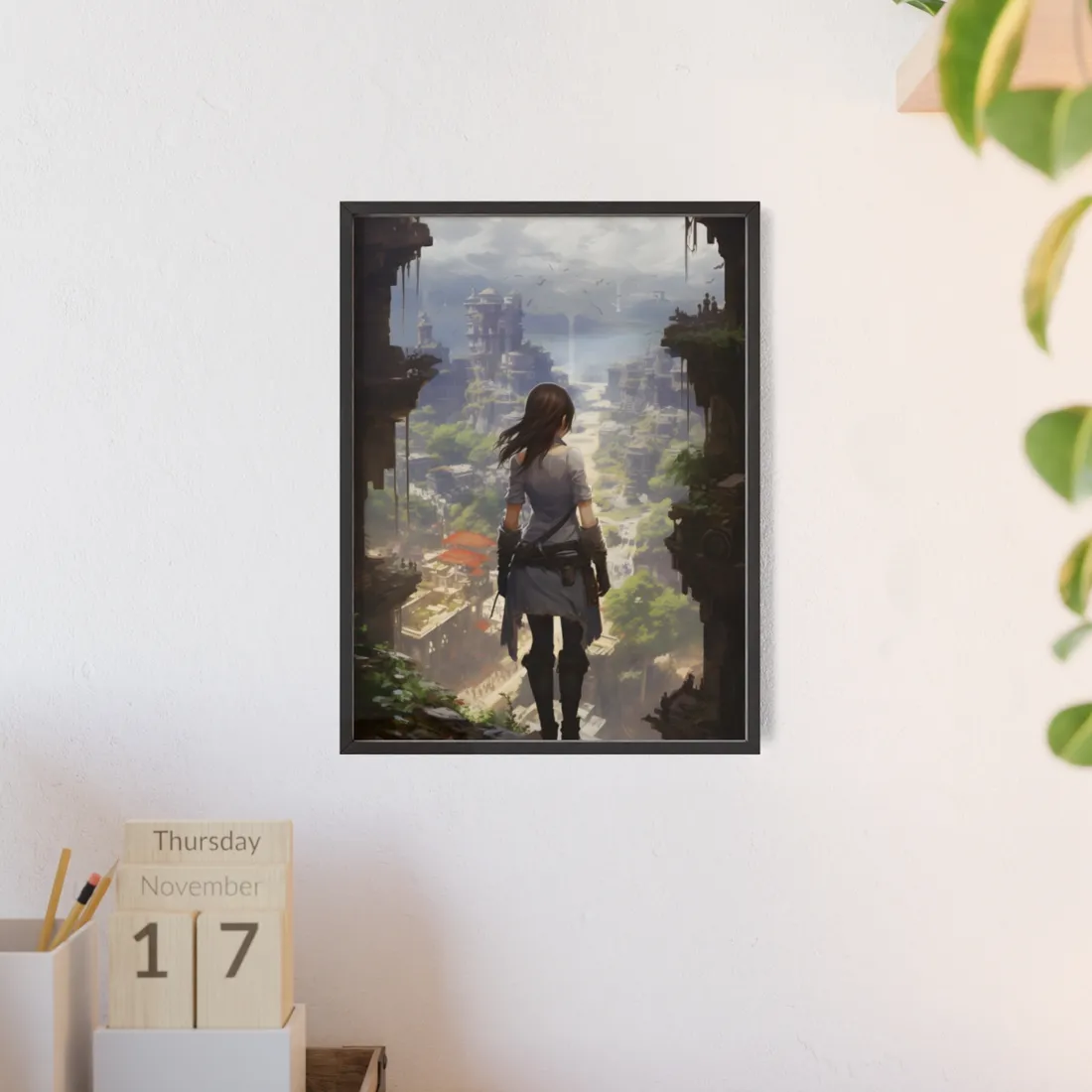 Dramatic Anime City Warrior: Bird's Eye View Digital Art - Framed Poster