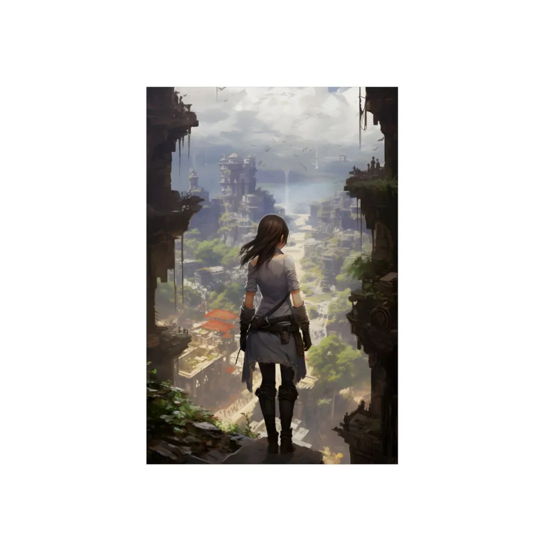 Dramatic Anime City Warrior: Bird's Eye View Digital Art - Metal Poster