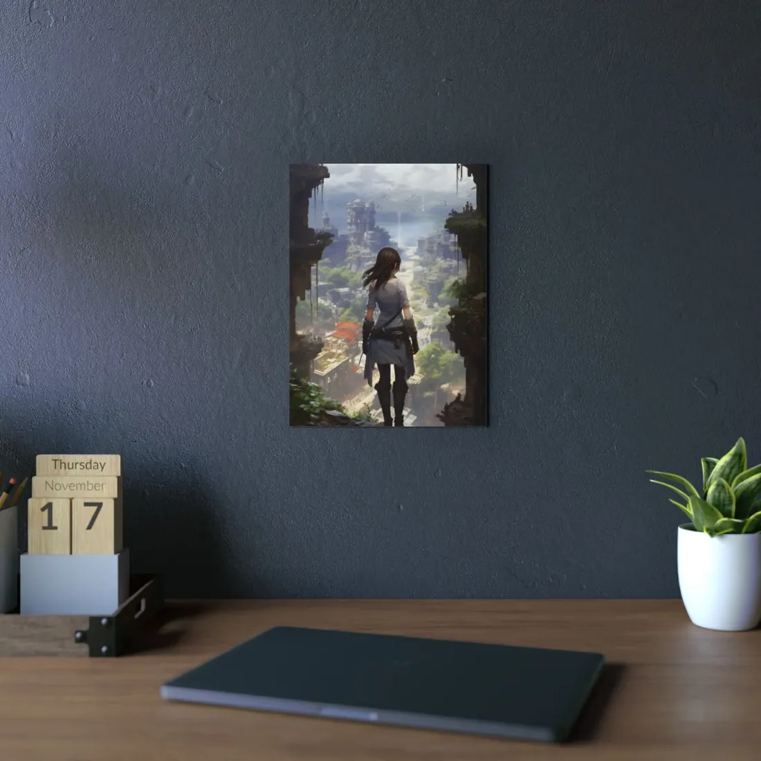 Dramatic Anime City Warrior: Bird's Eye View Digital Art - Metal Poster