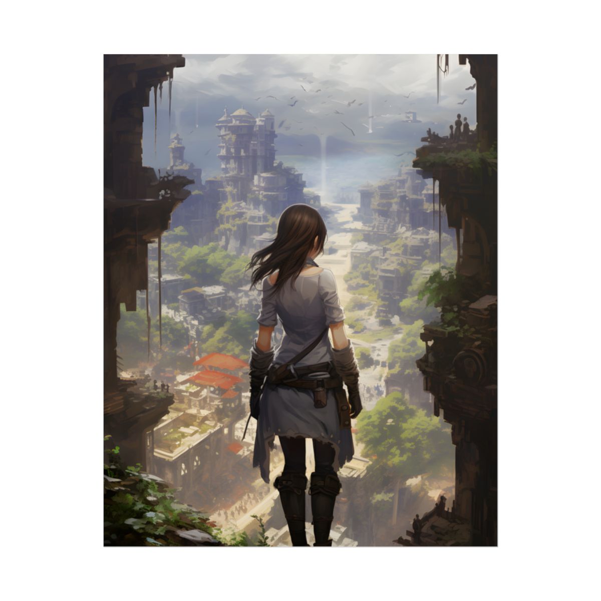 Dramatic Anime City Warrior: Bird's Eye View Digital Art - Poster