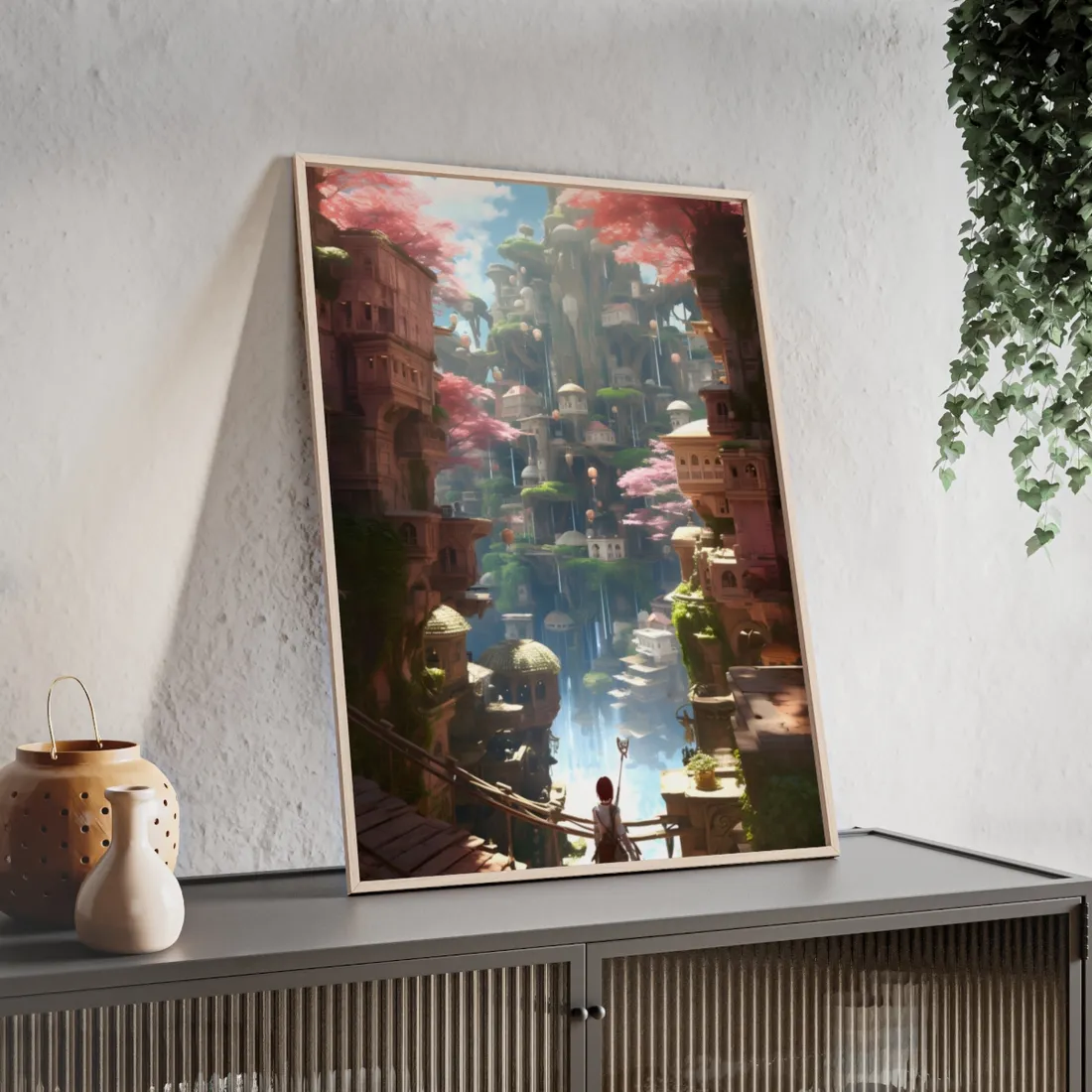 Dramatic Anime Cityscape: Birds Eye View Digital Art - Framed Poster