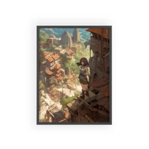 Woman Overlooking Hillside Town Framed Poster