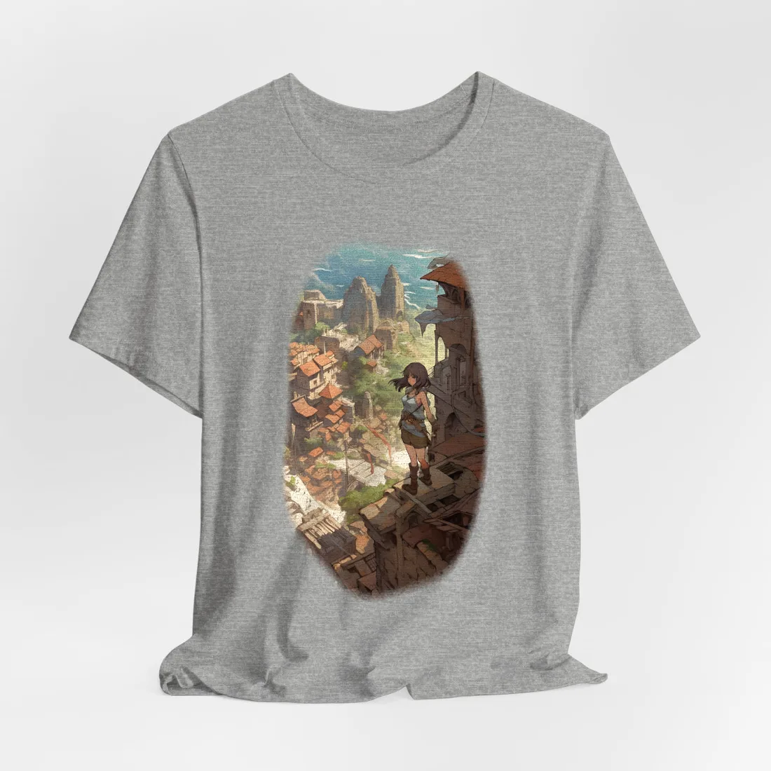 Anime Girl Overlooking Village: Daylight Ruins Scene – T-Shirt, athletic heather