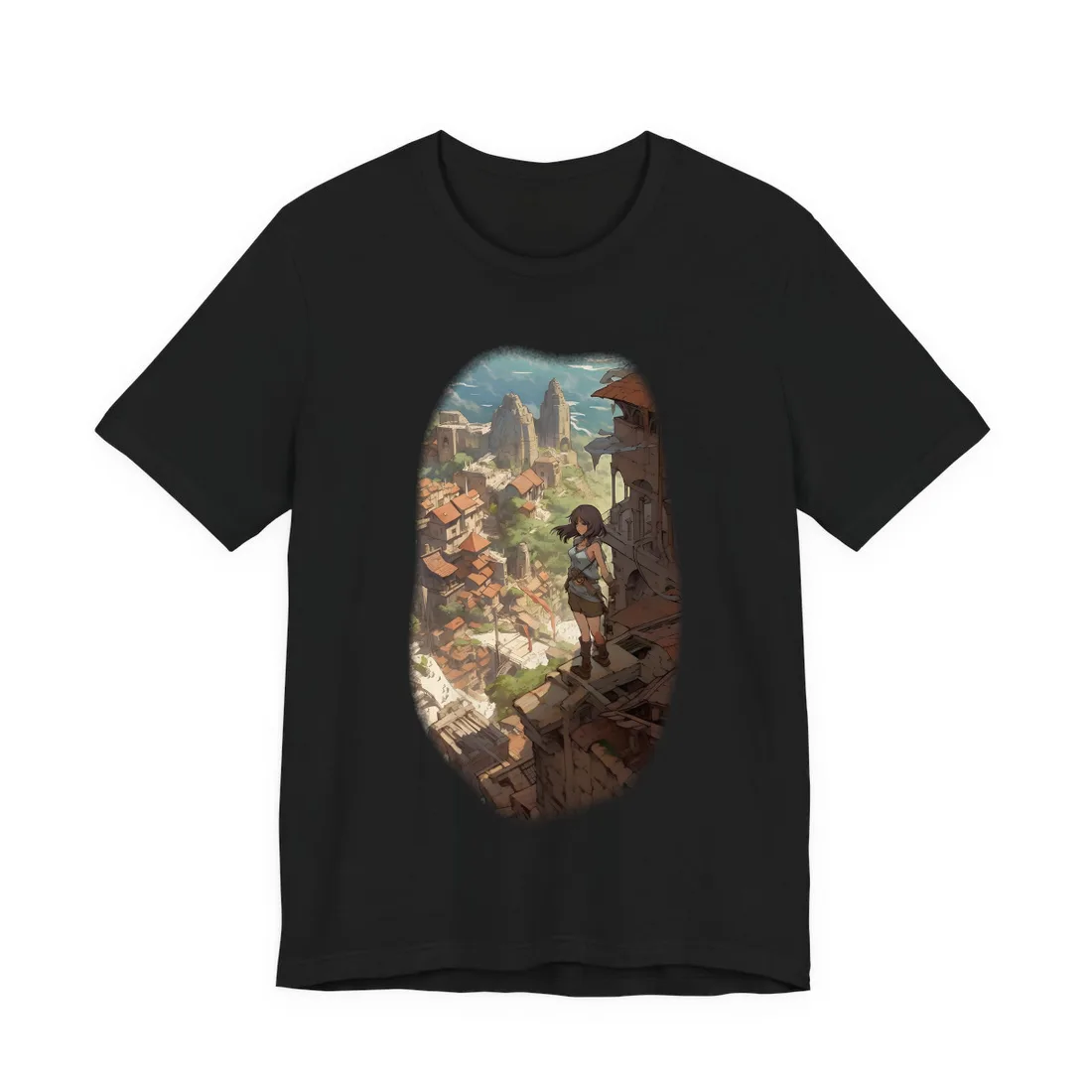 Anime Girl Overlooking Village: Daylight Ruins Scene – T-Shirt, black