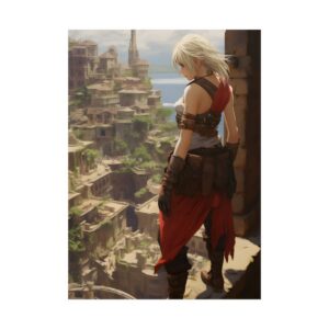 Woman Overlooking Coastal City Poster