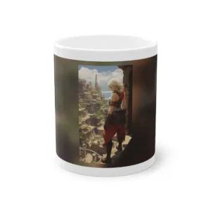Woman Overlooking Coastal City Mug