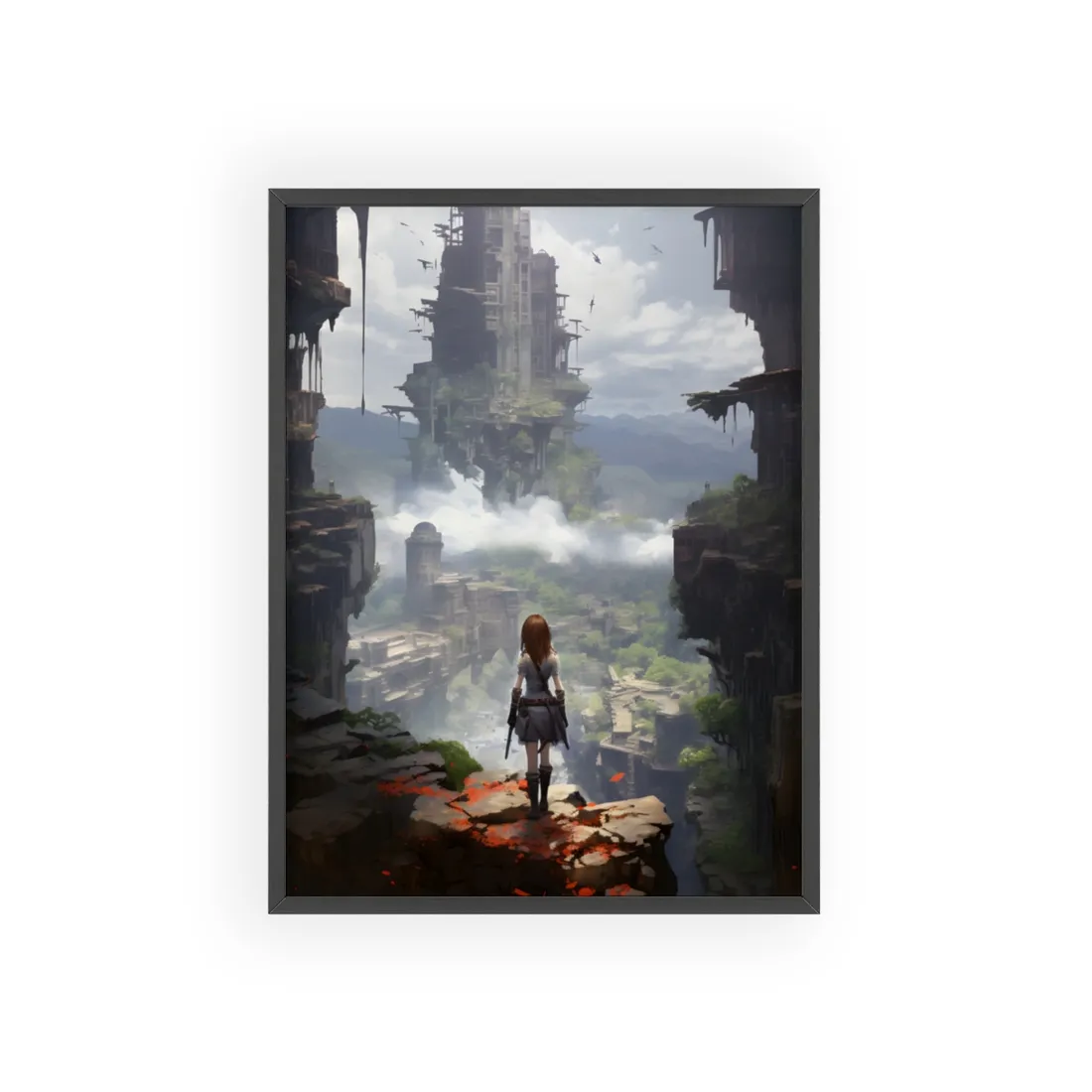 Dramatic Anime Red-Haired Bird in Flight: Mid-Air Motion Digital Art - Framed Poster