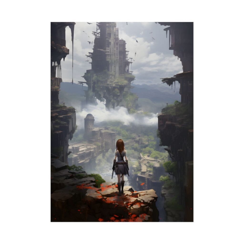 Dramatic Anime Red-Haired Bird in Flight: Mid-Air Motion Digital Art - Poster