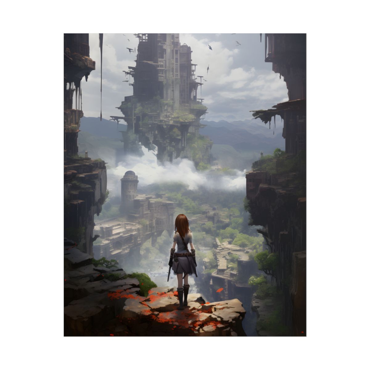 Dramatic Anime Red-Haired Bird in Flight: Mid-Air Motion Digital Art - Poster