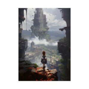 Woman Overlooking Ruined Valley Tower Poster