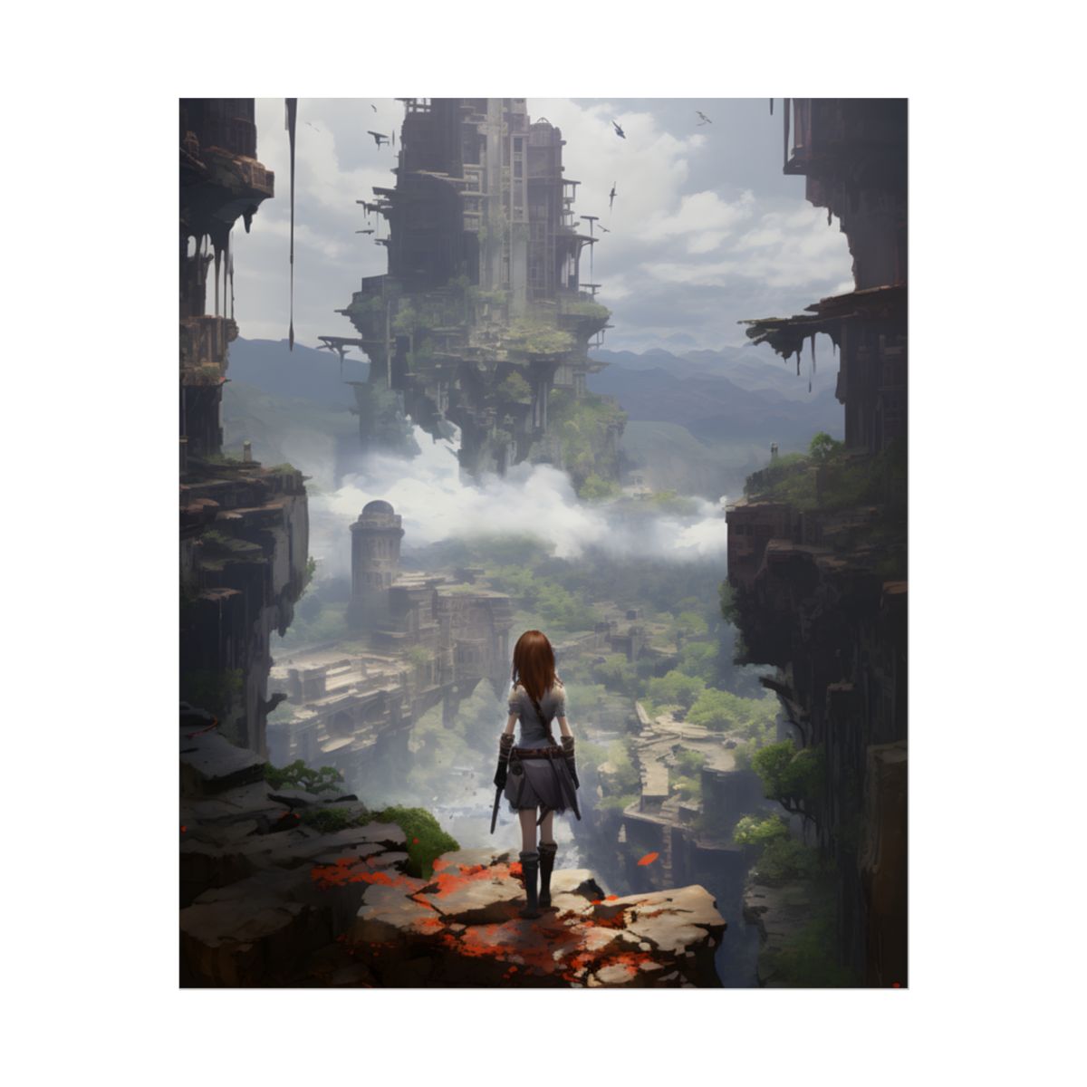 Dramatic Anime Red-Haired Bird in Flight: Mid-Air Motion Digital Art - Poster