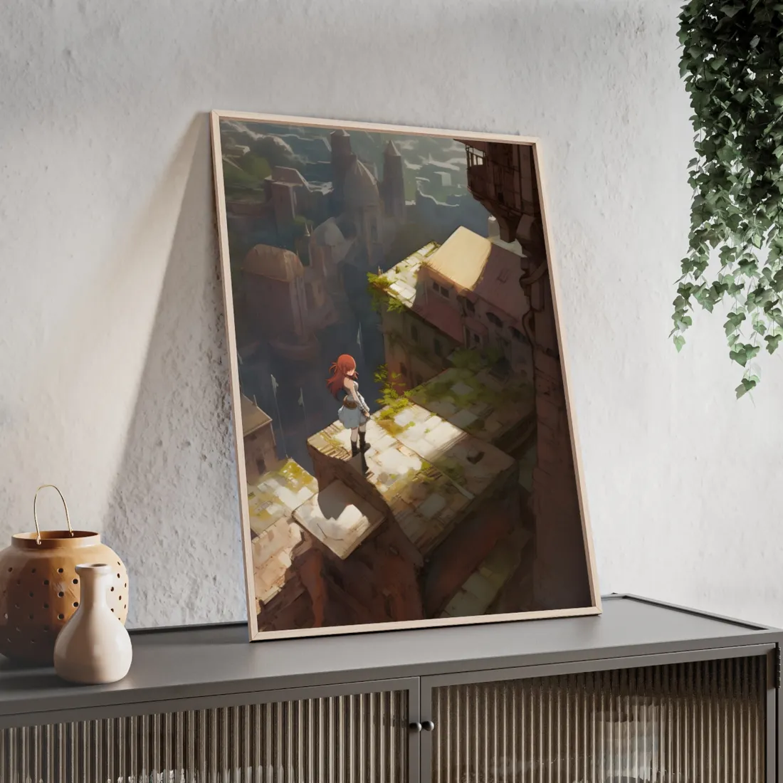 Dramatic Anime Red-Haired Heroine: Digital Artwork of Courage and Action - Framed Poster