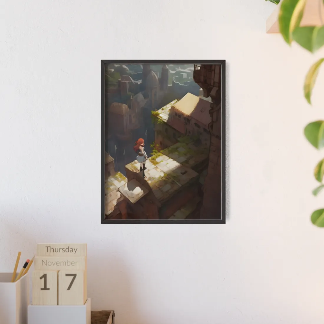 Dramatic Anime Red-Haired Heroine: Digital Artwork of Courage and Action - Framed Poster