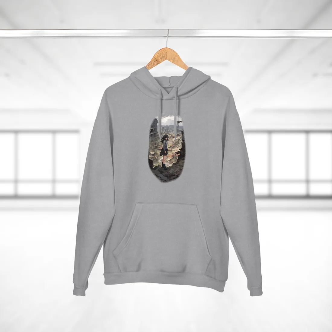 Anime Girl in Ruined City: Somber Muted Scene – Hoodie, heather grey