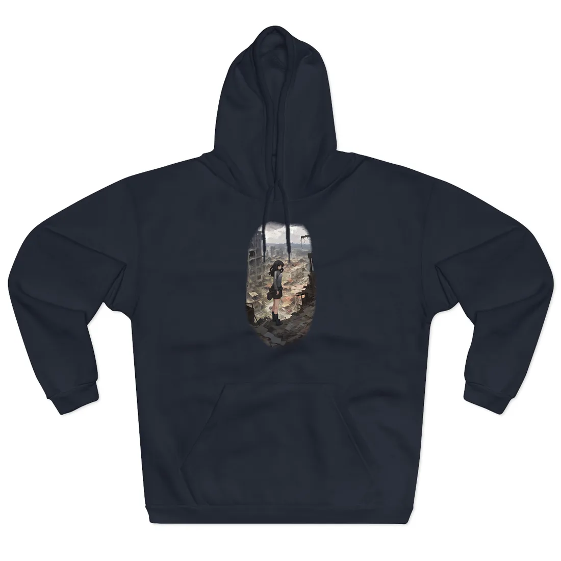 Anime Girl in Ruined City: Somber Muted Scene – Hoodie, navy
