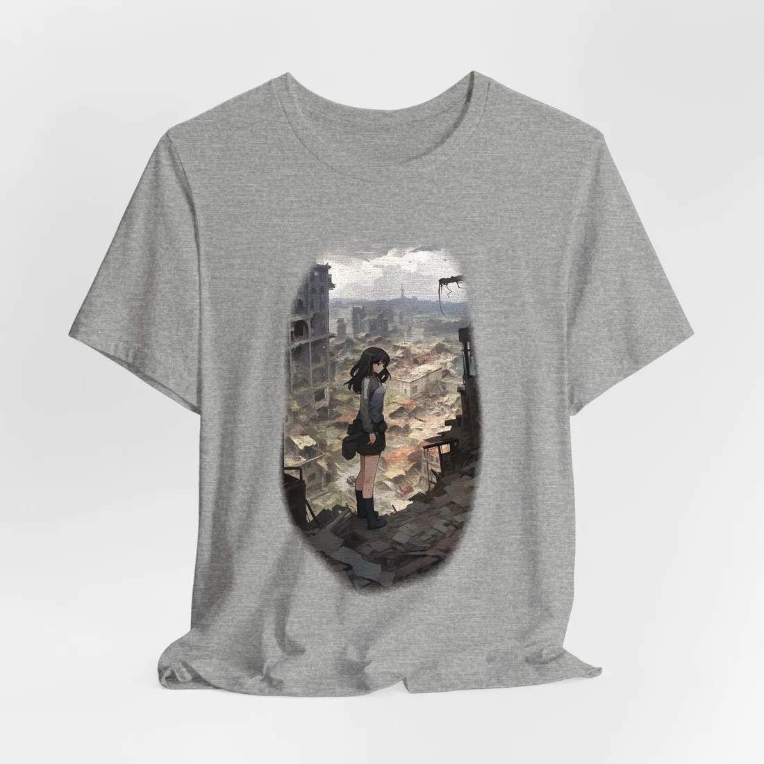 Anime Girl in Ruined City: Somber Muted Scene – T-Shirt, athletic heather