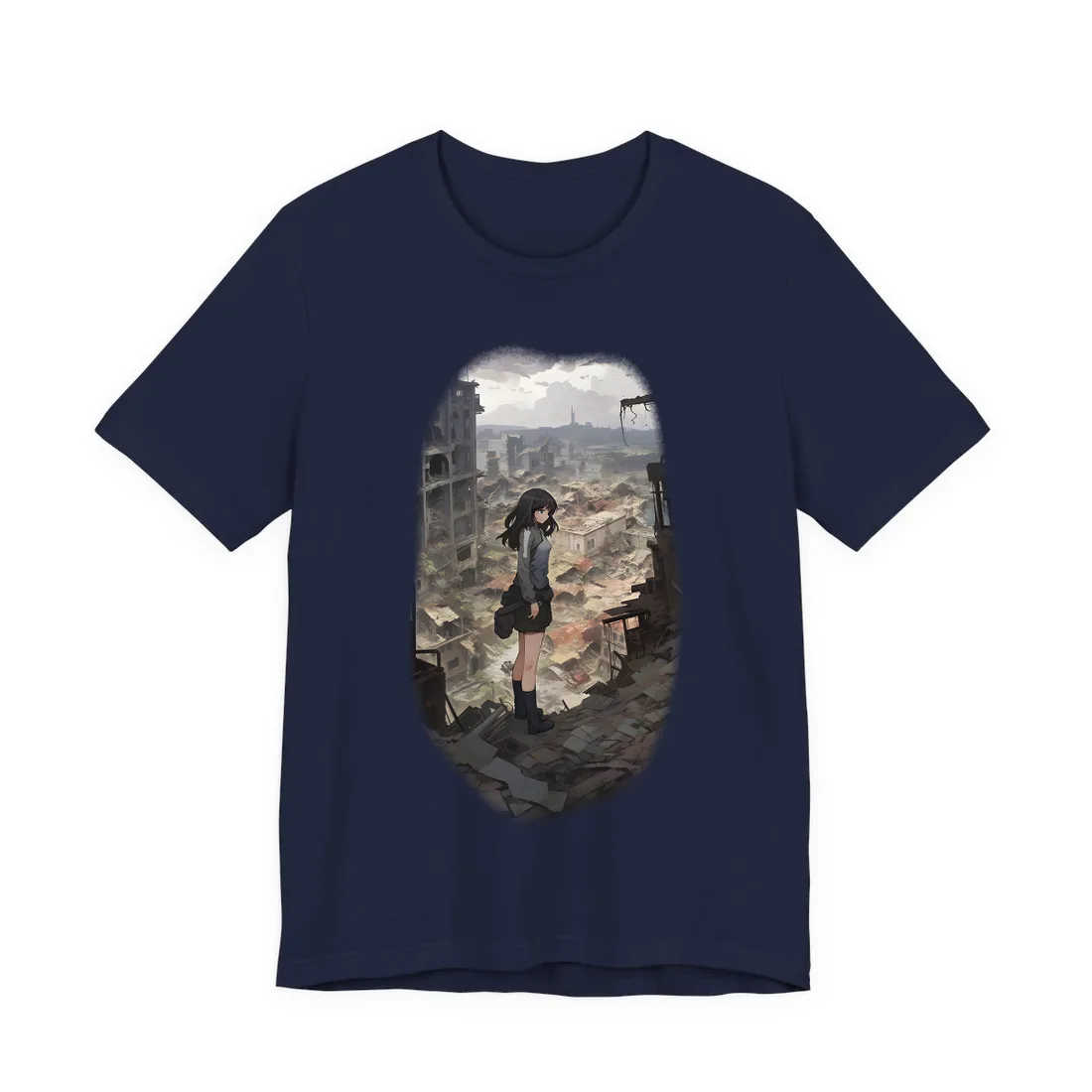 Anime Girl in Ruined City: Somber Muted Scene – T-Shirt, navy