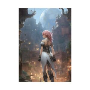 Pink-Haired Warrior Facing Fantasy City Poster