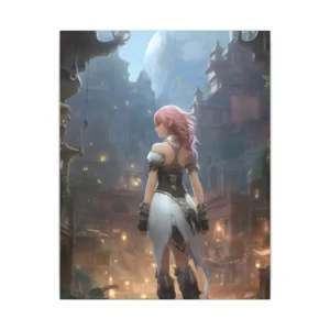 Pink-Haired Warrior Facing Fantasy City Canvas Print