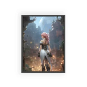 Pink-Haired Warrior Facing Fantasy City Framed Poster
