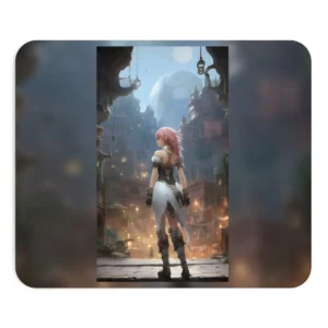 Pink-Haired Warrior Facing Fantasy City Mouse Pad