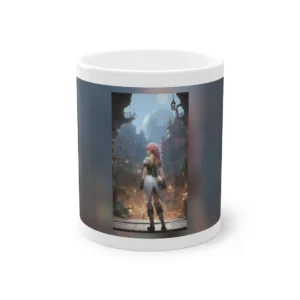 Pink-Haired Warrior Facing Fantasy City Mug