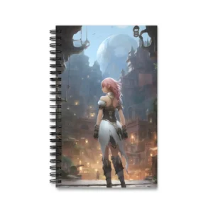 Pink-Haired Warrior Facing Fantasy City Spiral Notebook