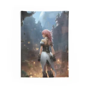 Pink-Haired Warrior Facing Fantasy City Wall Tapestry
