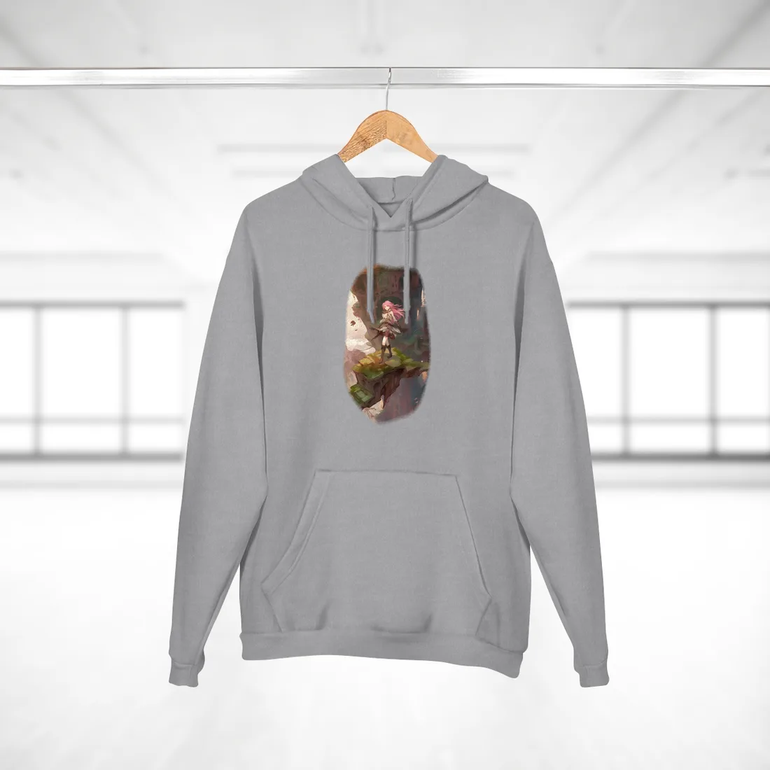 Anime Girl Standing on Mossy Ruins Ledge: Fantasy Scene – Hoodie, heather grey