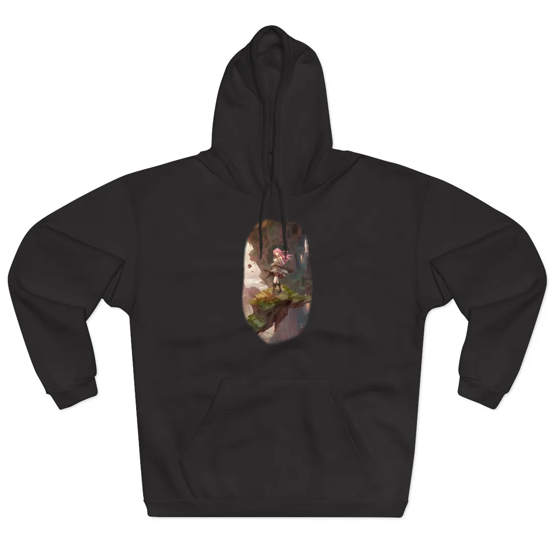 Anime Girl Standing on Mossy Ruins Ledge: Fantasy Scene – Hoodie, black