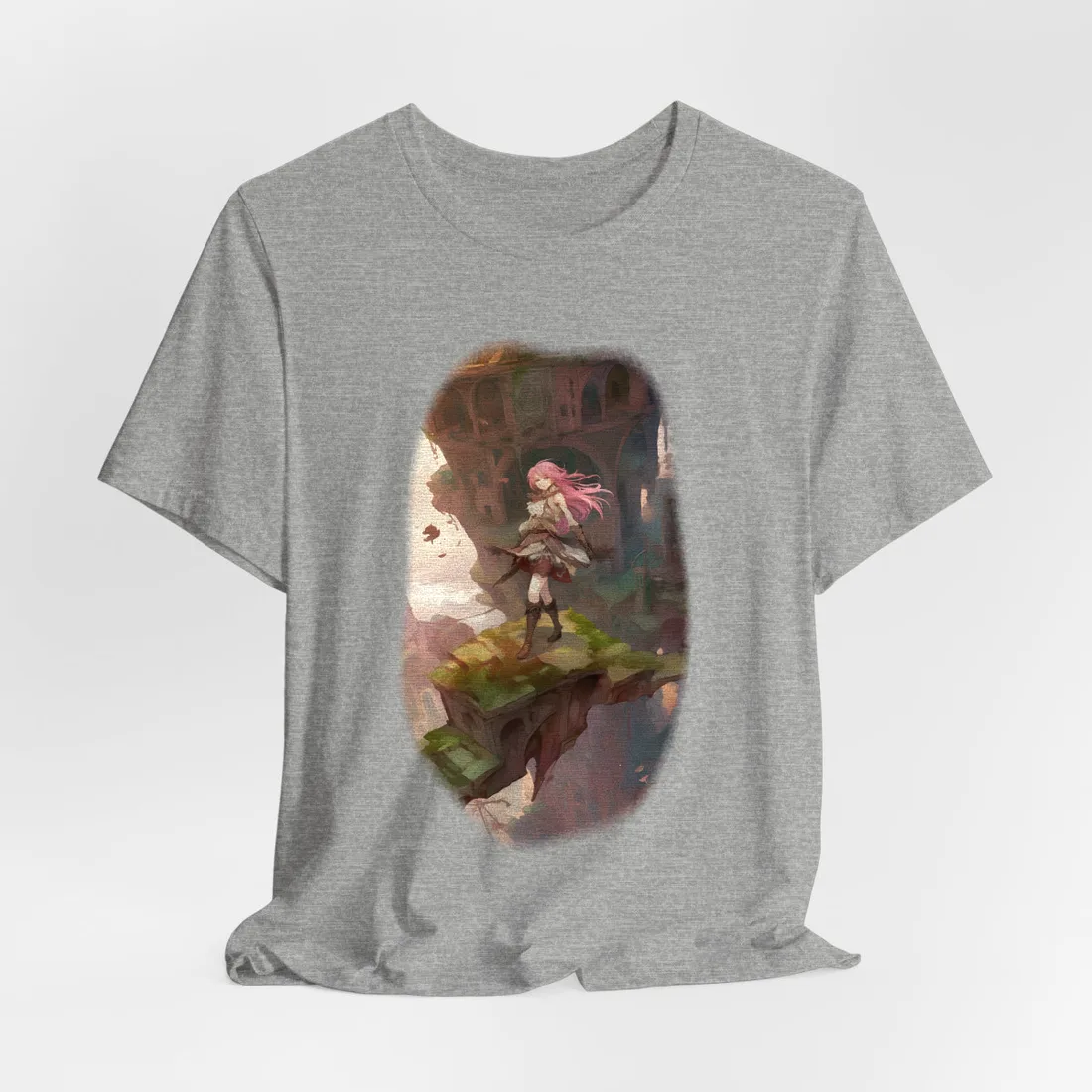 Anime Girl Standing on Mossy Ruins Ledge: Fantasy Scene – T-Shirt, athletic heather